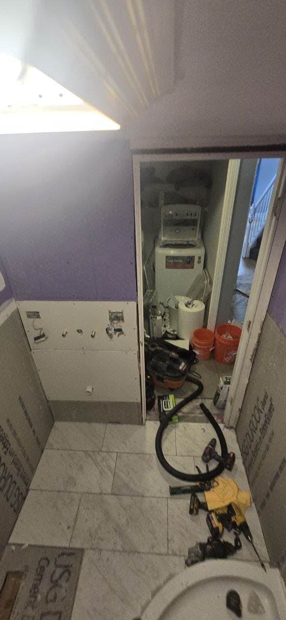 Bathroom remodeling rough-in and tile progress with cement board by BAX